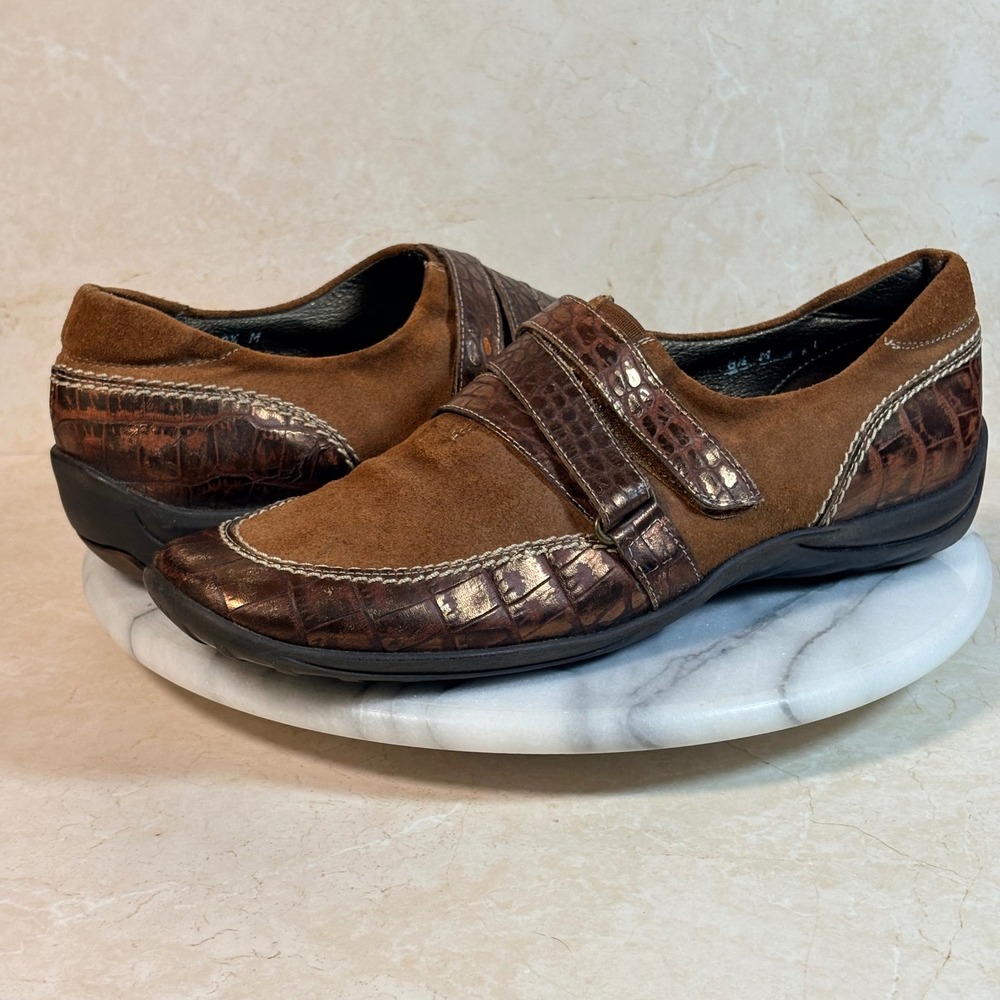 Sesto Meucci Brown‎ Suede Croc Embossed Leather Strappy Flats Shoes 8.5 Athletic